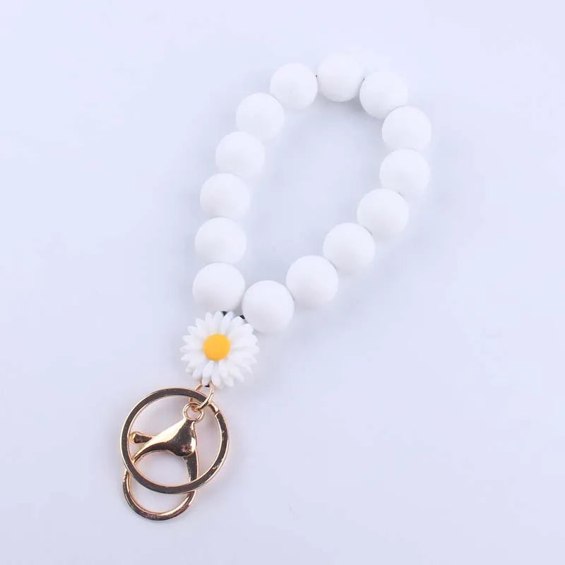 Food Grade Silicone Round Beaded Keychain Fashion Women Wristlet Bracelet Keyring For Anti-Loss Lobster Clasp Keychain Jewelry