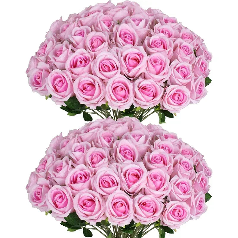 Tejesa 50 Pcs Velvet Rose Artificial Rose Flowers Real Touch Fake Roses Florals for Valentine's DIY Wedding Bouquet Party Home Decor