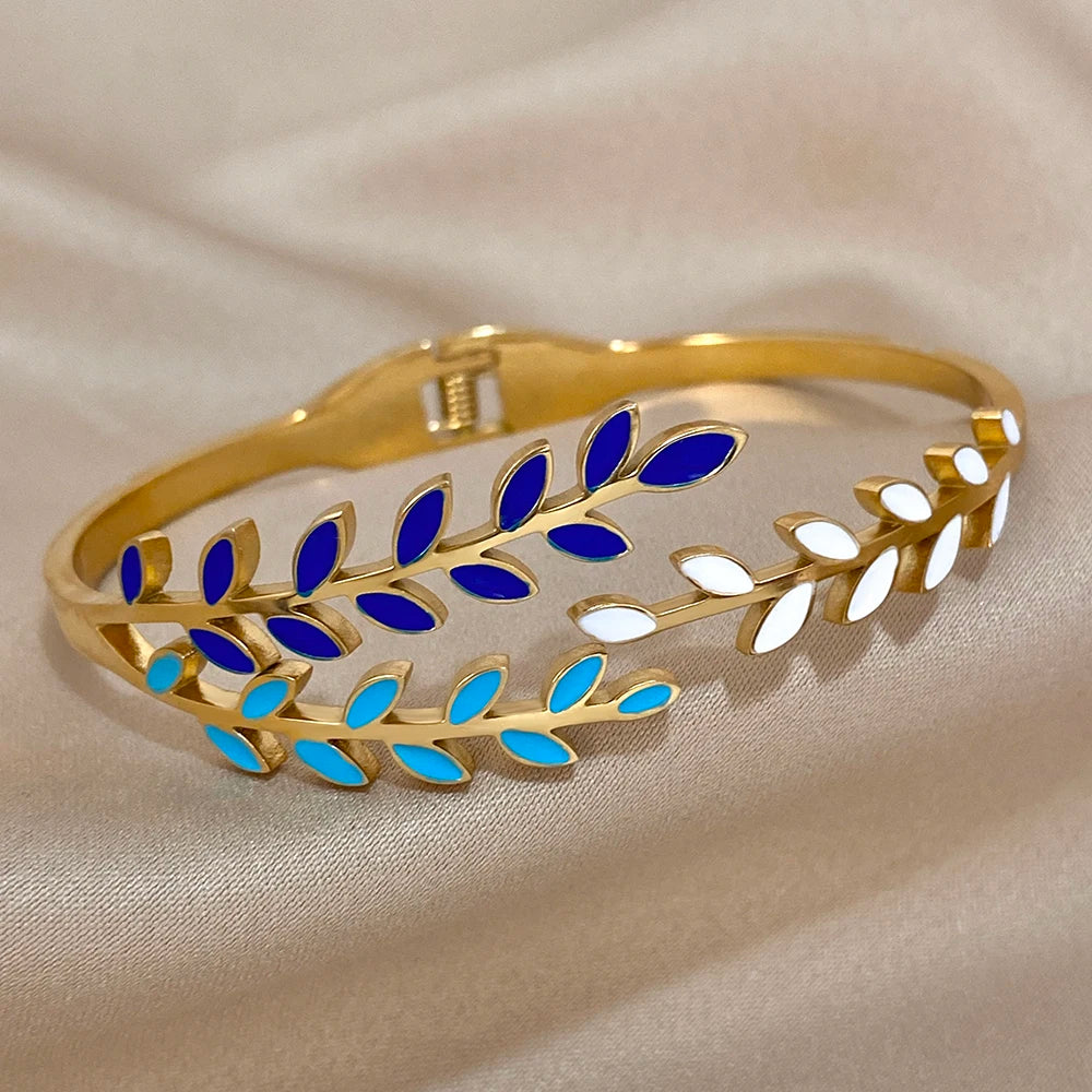 Fashion Colorful Enamel Leaves Bracelet Bangle for Women Charm 316L Stainless Steel Gold Color Bracelets Waterproof Jewelry