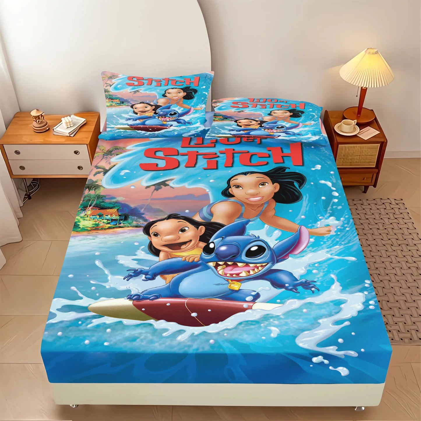 Stitch Fitted Sheet 100% Polyester Bedding Set With Pillowcase Suitable For Children And Adults Anime Kawaii
