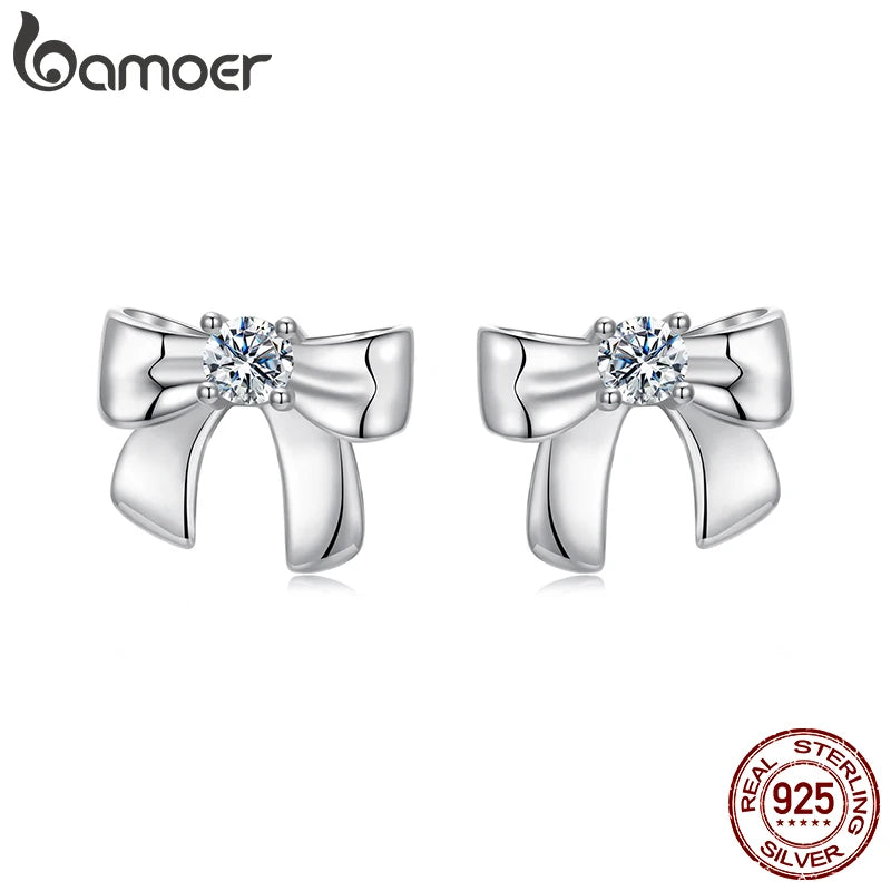 BAMOER Solid 925 Sterling Silver Bow Moissanite Stud Earrings for Women Teens Small Ribbon Stud Earrings Bowknot MSE085