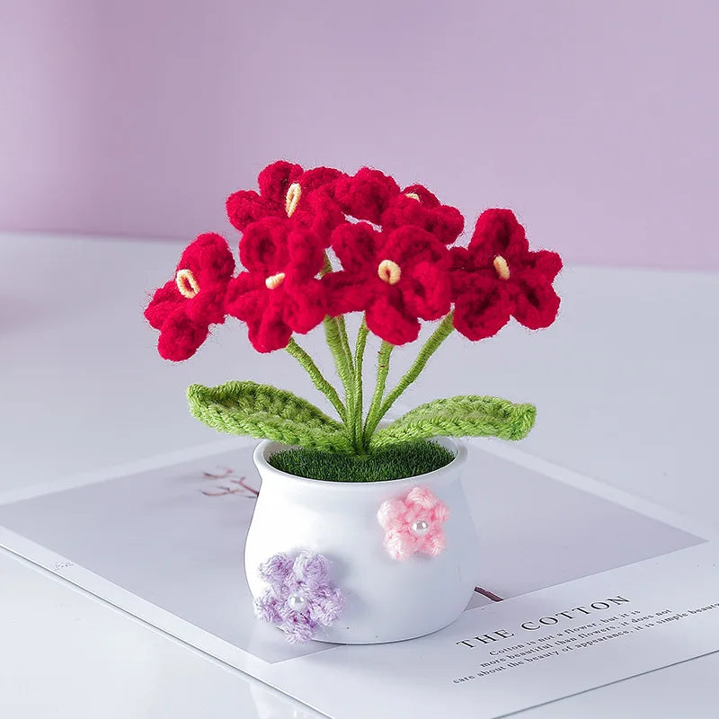 Hemasa Kintted Flower Potted Mini Artificial Flowers/Plant Hand Woven Crochet Tulips Flowers
