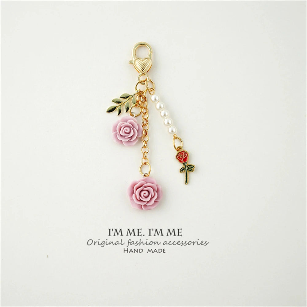 Fashion Imitation Pearl Flower Keychain Cute Sakura Rose Plush Ball Keyring for Women Girls Car Handbag Phone Pendant Accessorie