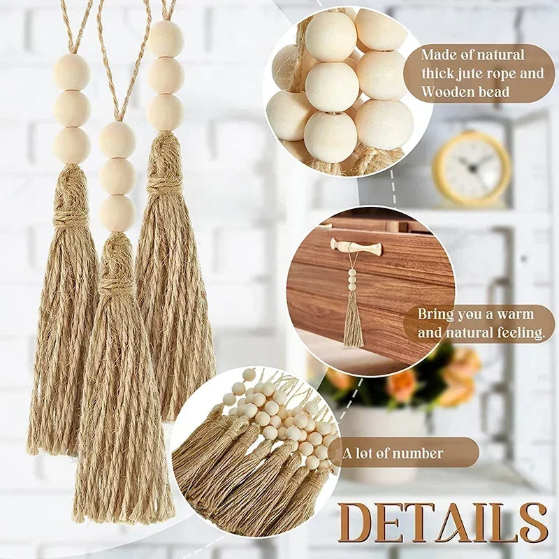 5pcs Jute Tassel with 3 Wood Beads Retro Country Bead String Twine Fringe for DIY Crafts Tassels Home Wedding Party Decor