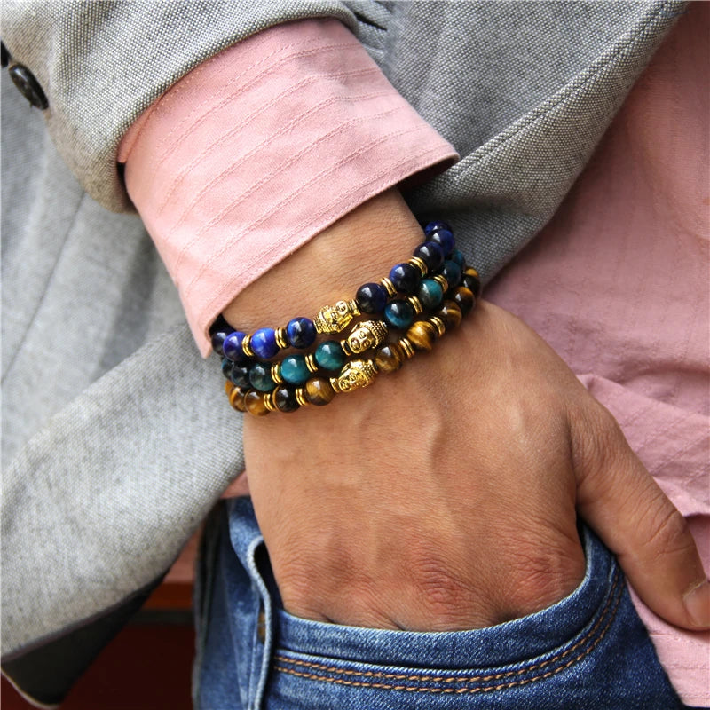 Buddha Head Charm Bracelet 8MM Yellow Tiger Eye Lava Stone Bead Bracelet Healing Energy Yoga Prayer Jewelry Gift For Women Men