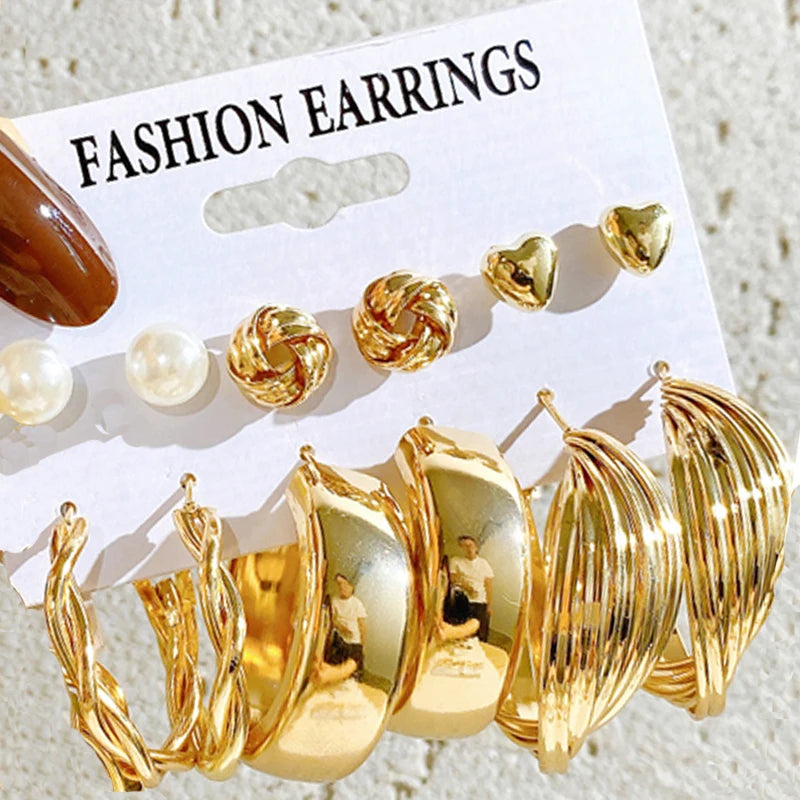 Hemasa Pearl Twist Earring Set Metal Gold Plated Dangle Earrings for Women Bohemian Geometric Hoop Earrings Trendy Jewelry