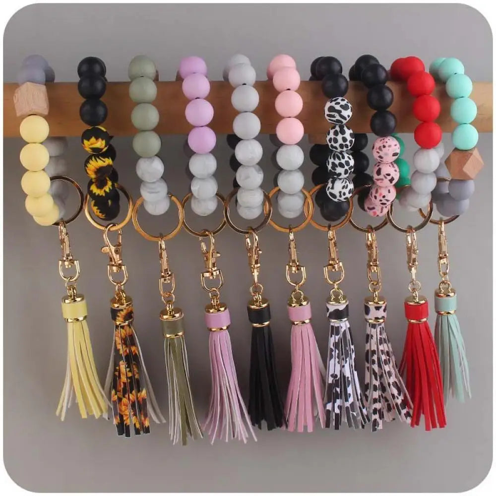 Fashion Leopard Print Silicone Round Beads Keychain For Women Men Tassel Pendant Keyring Lobster Clasp Bracelet Keychain Jewelry