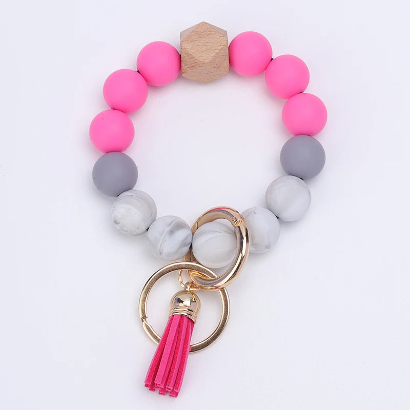 New Anti-Loss Women Wristlet Bracelet Keychain Silicone Round Beaded Keyring For Lobster Clasp Keychain Jewelry Bracelet