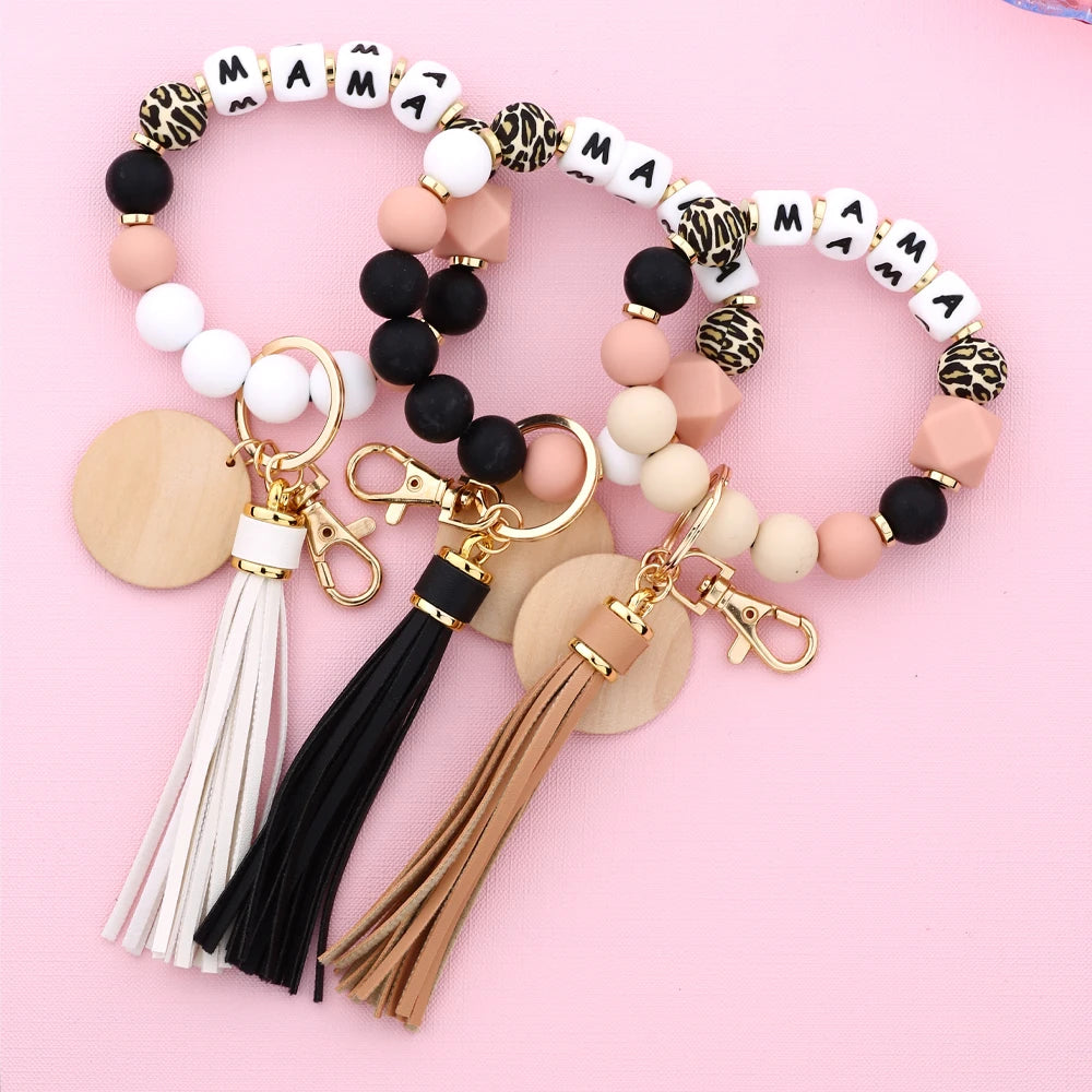 Mother's Day Gift Leopard Silicone Bead Key Chain Letter MAMA Beaded Wristlet Keychain With Wood Disc Leather Tassel Key Ring