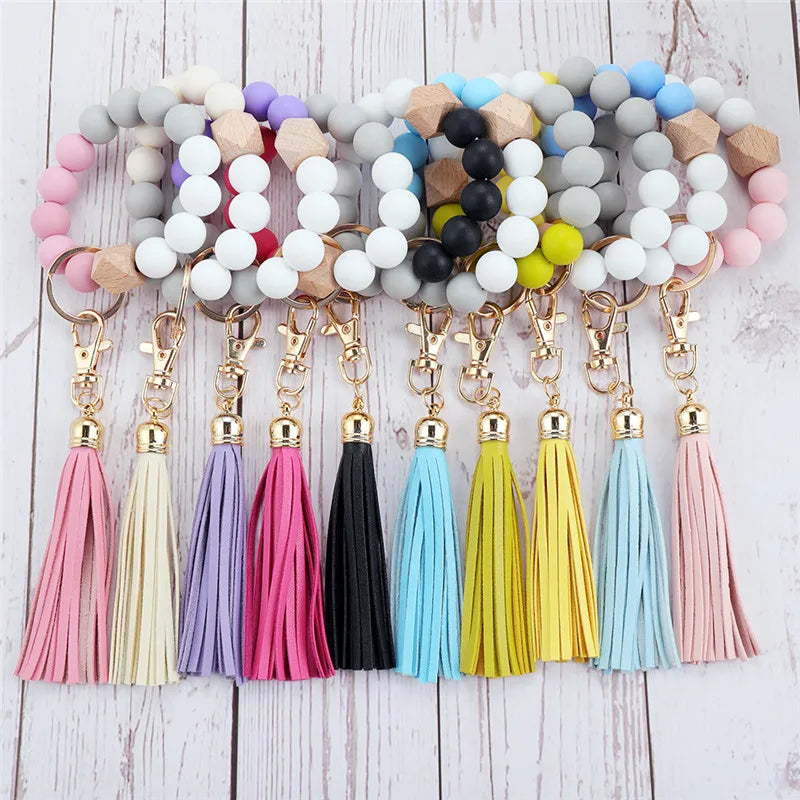 Hemasa  Silicone Wood Beads Keychain Keyring For Women Wristlet Bracelet Pendant Keychain With Jewelry Accessories