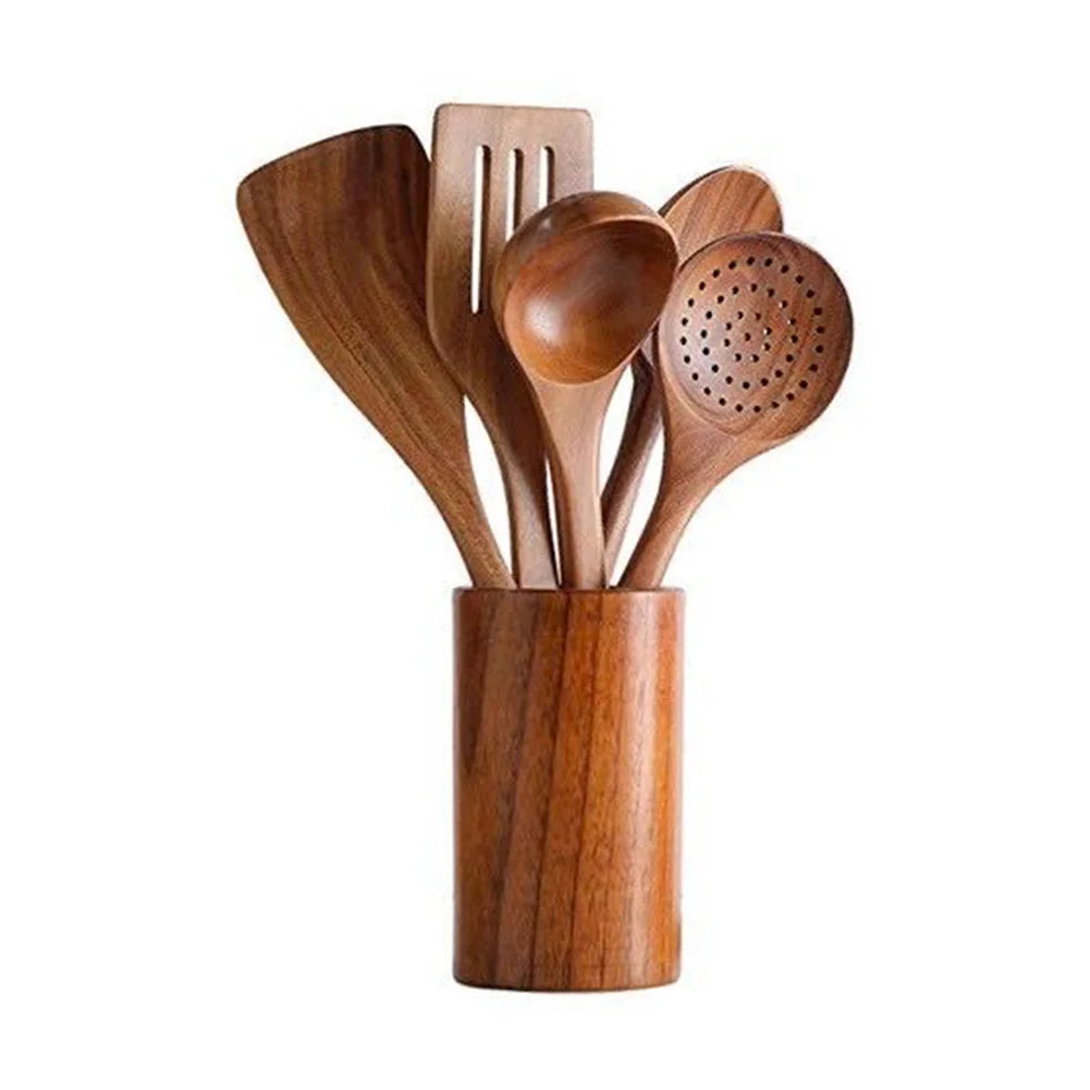 Hemasa  4Pcs  Teak Natural Wood Tableware Spoon Ladle Turner Long Rice Colander Soup Skimmer Cooking Spoons