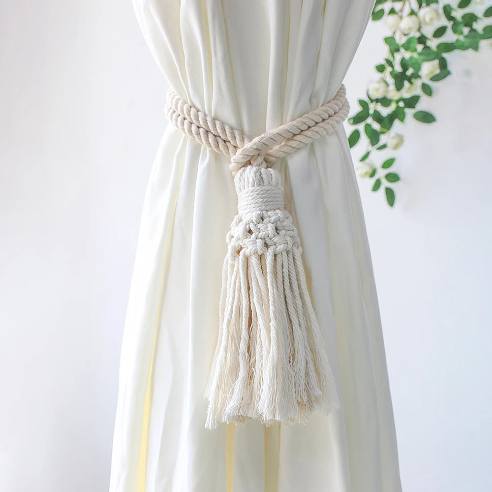 Handmade Macrame Curtain Holdbacks,Wooden Bead Curtain Tiebacks,Boho Home Decoration,Cotton Hanging Rope Curtains Accessories