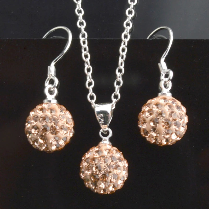 Brand Female Jewelry Set Women's Fashion Ab White Crystal 10mm Ball Drop Earrings Necklace Pendant Set Silver Color Wholesale