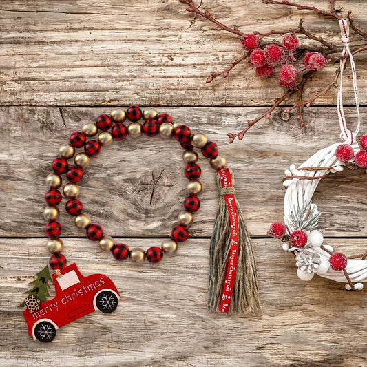 Christmas Wood Bead Garland Decor Bead Christmas Wooden Hanging Farmhouse Ornament Tassels Xmas Tassel Garland Home Rustic Decor