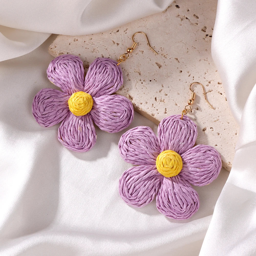 Boho Colorful Raffia Drop Earrings for Women Handmade Geometric Flower Rattan Pendant Earrings Summer Beach Cute Jewelry Gift