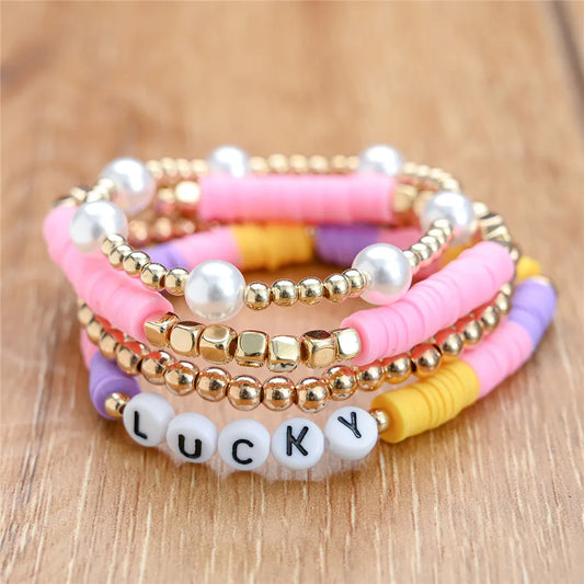 4Pcs/set Trendy Lucky Letter Charm Pearl Bracelets Set Femme Wristband Jewelry Heishi Disc Beads Multilayer Bracelet For Women