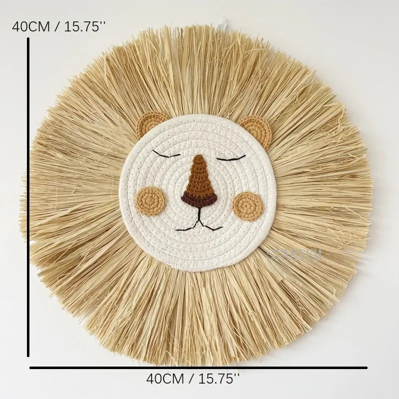 INS Nordic Handmade Lion Wall Decor Cotton Thread Straw Woven Animal Head Wall Hanging Ornament for Nursery Baby Room Decoration