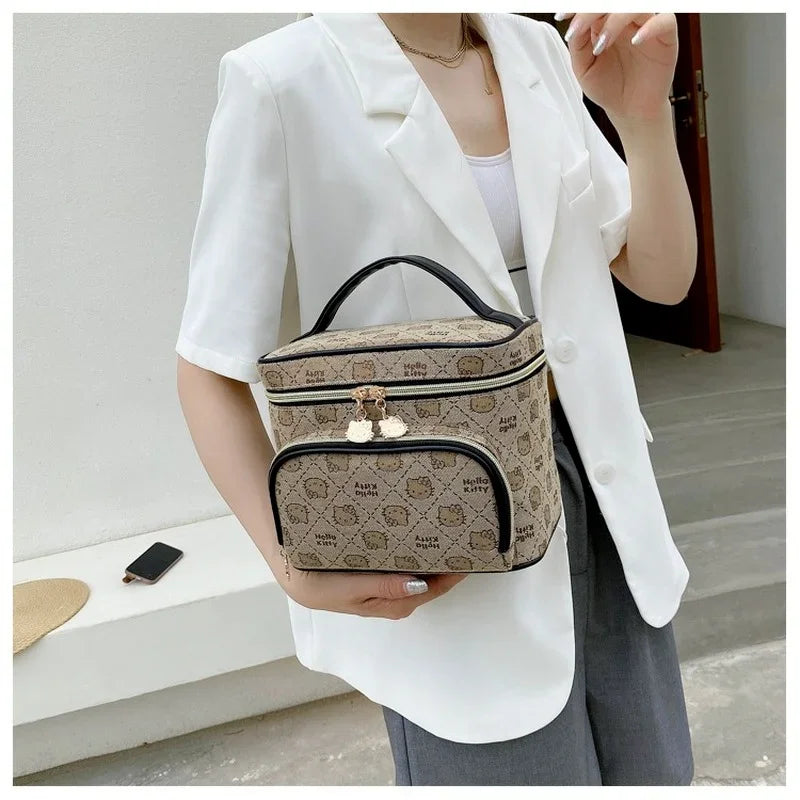 Hemasa Hello Kitty Cartoon Cosmetic Bag Portable Mommy Bag Lunch Box Oxford Storage Case Purse Kawaii Box Makeup Pouch