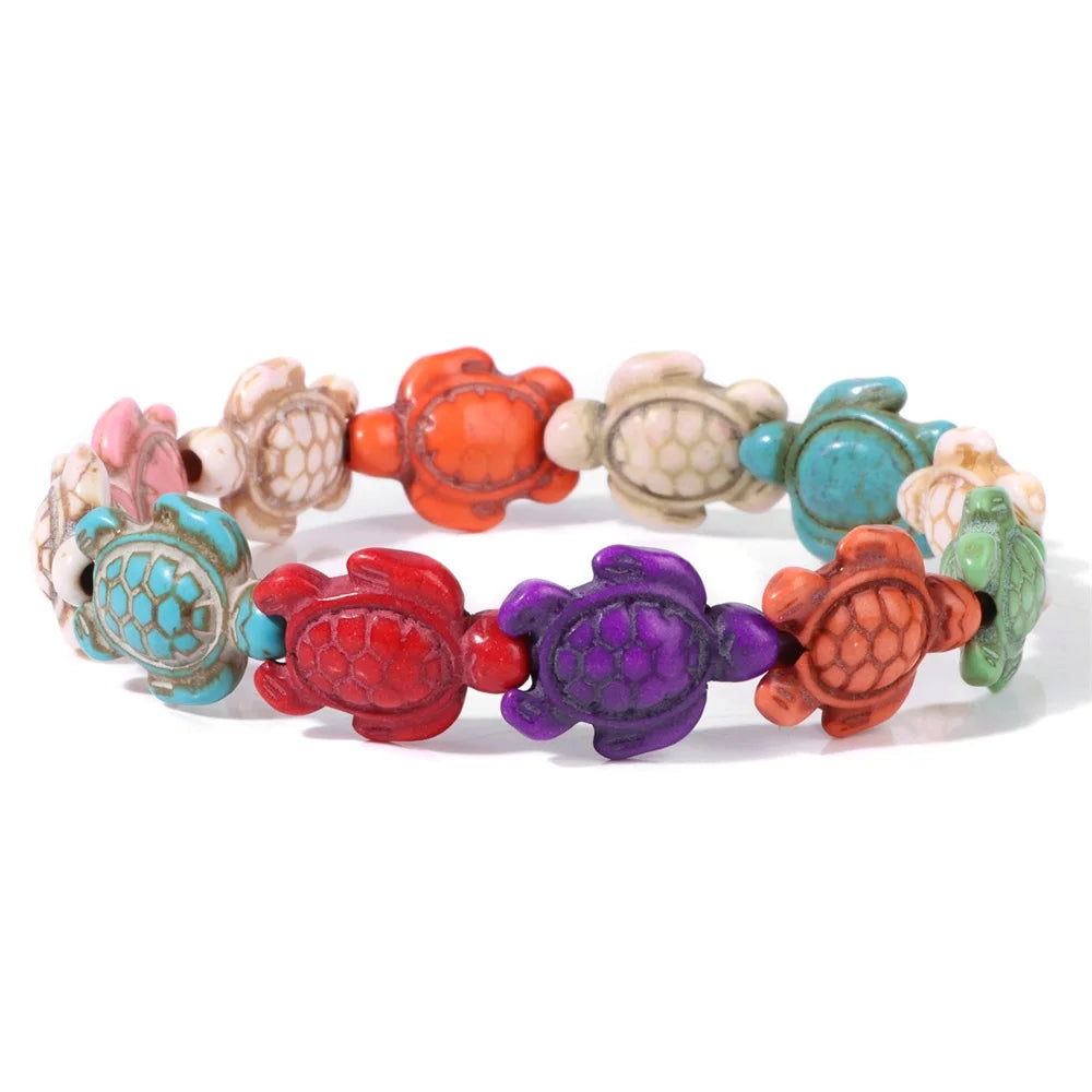 Colorful Skull Bracelet Sea Turtles Beaded Bracelets For Women Men Pink Red Blue White Howlite Stone Elastic Friendship Bangles