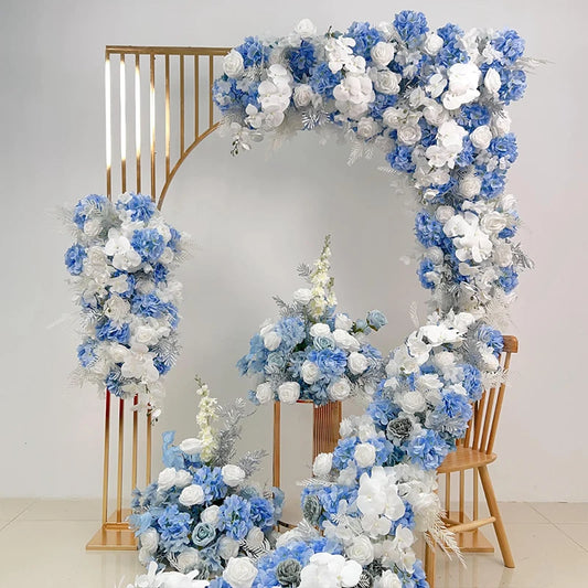 White Blue Rose Flower Row Decor Wedding Backdrop Arch Frame Banquet Aisle Floral Ball Birthday Party Event Props Window Display