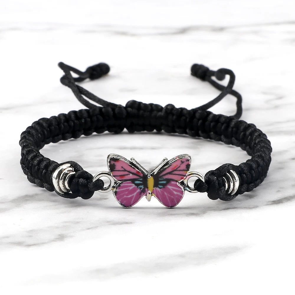 Women Pink Butterfly Pendant Bracelets Female Black White String Rope Braided Bracelet Bracelet Handmade Adjustable Jewelry Gift