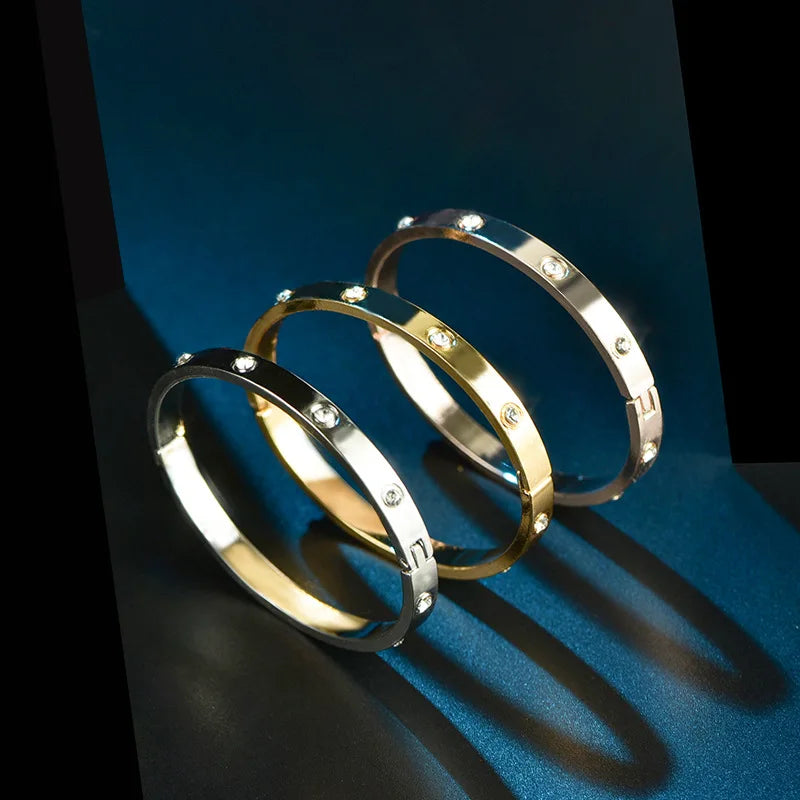 Gold Plating Lover Bracelets&Bangles for Women Rose Gold Color Luxury Stainless Steel Charming CZ Cuff Bracele