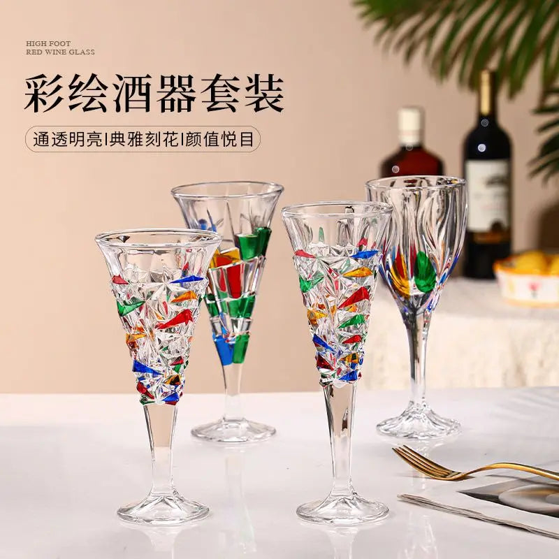 1/2pcs Hand Drawn Diamond Carved Crystal Glass Cup Rainbow Diamond Gloss Champagne Cup Thickened Design Red Wine Tall Glasses