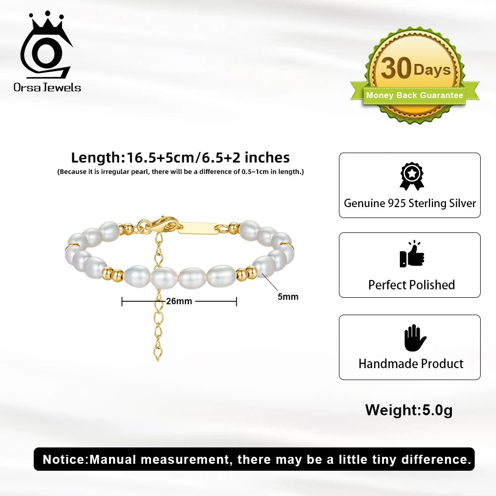 ORSA JEWELS Elegant 14K Gold Beads Bracelet 925 Sterling Silver Freshwater Pearl Chain Bracelets for Women Party Jewelry GPB36