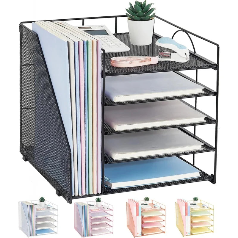 5 - Tier Paper Letter Tray Organizer with File Holder: Office Supplies Desktop Organizer