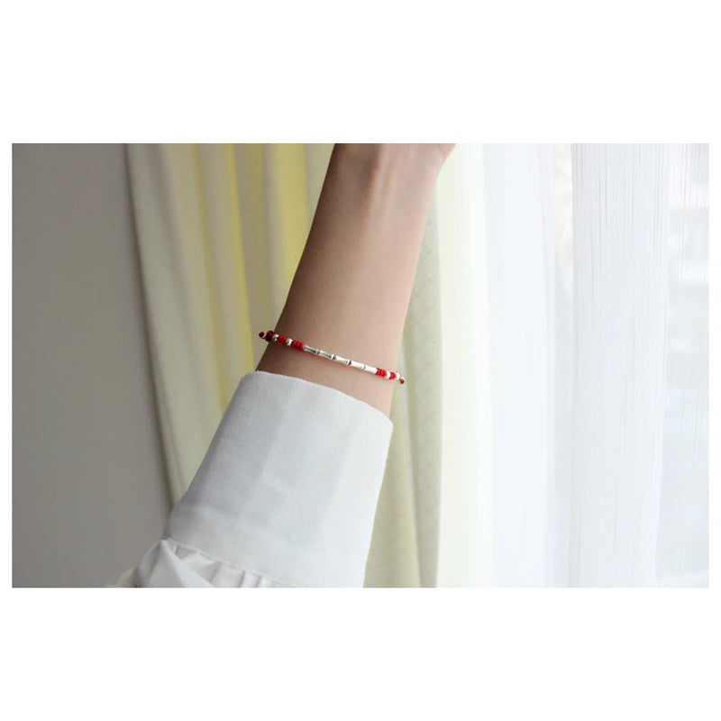 13-25cm Length Customizable 925 Sterling Silver Rope Bracelets Bamboo Black Red Thread Line String Bracelets For Women Girls