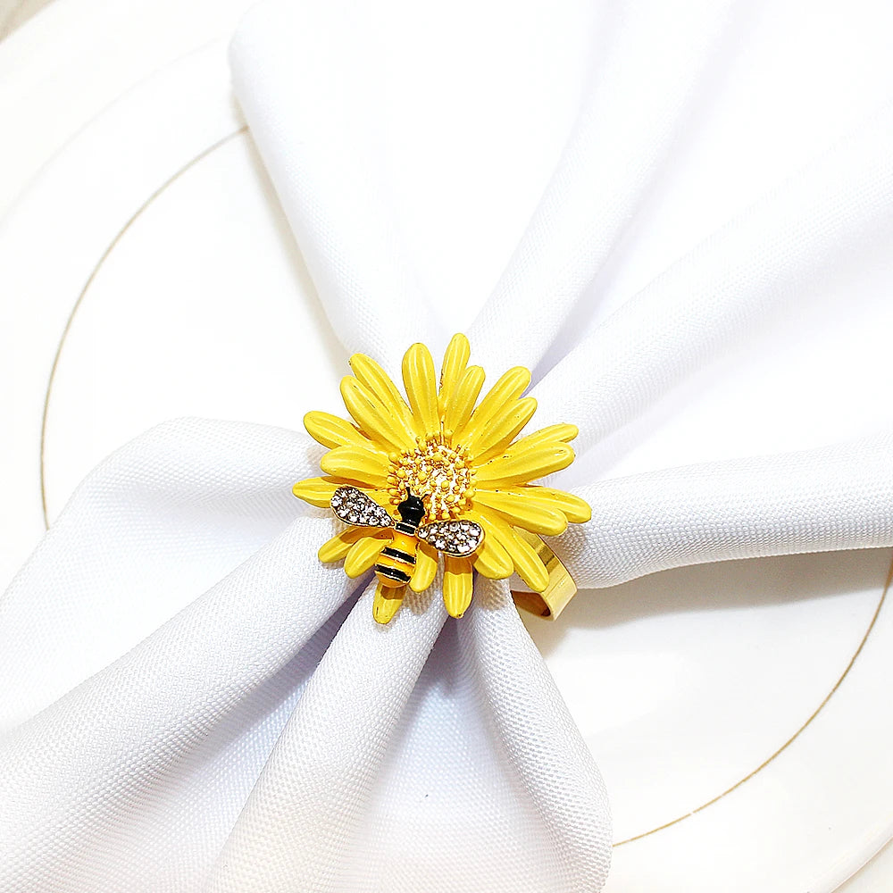 Hemasa 6Pcs Flower Bee Napkin Rings/ Metal Daisy Flower Napkin Rings