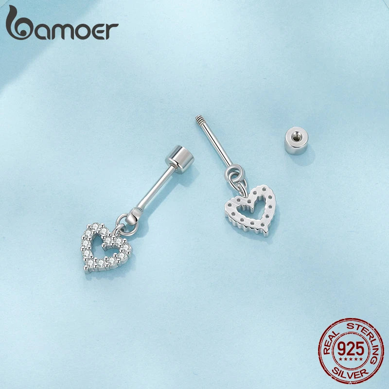BAMOER 925 Sterling Silver Butterfly Screw-Back Stud Earrings Full Zircons Mini Cross Heart Earrings Hypoallergenic for Women