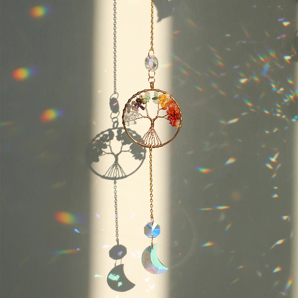 Hemasa  Chakra Crystals Tree of Life Suncatcher Healing Rainbow Crystal Sun Catchers Hanging Ornament for Windows Home Garden Decor