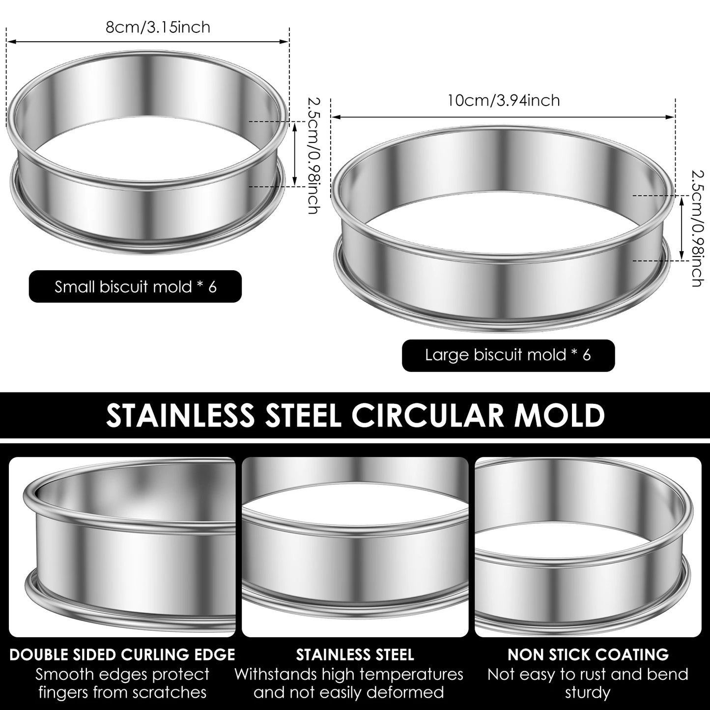 Tejesa 12Pcs Muffin Tart Rings Stainless Steel Crumpet Rings 10/8cm English Double Rolled Muffin Ring Cooking Dessert Pastry Ring Molds