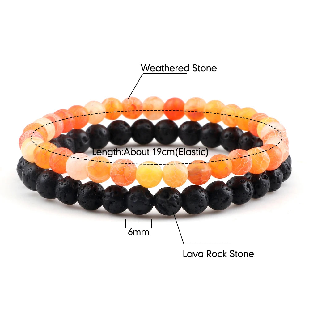Heamsa 2pcs/set Black Lava Stone Bracelet Men 6mm Natural Cracked Beads Strand Braceelets Stretch Bangles Women Yoga Healing Jewelry