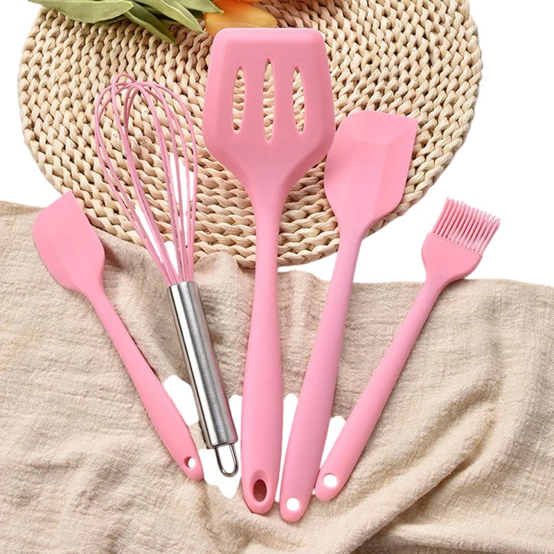 Tejesa 5Pcs Heat-Resistant Cooking Utensils Set Non-Stick Silicone Spatula Whisk Oil Brush Turner Cream Scraper Baking Set Kitchen Tool