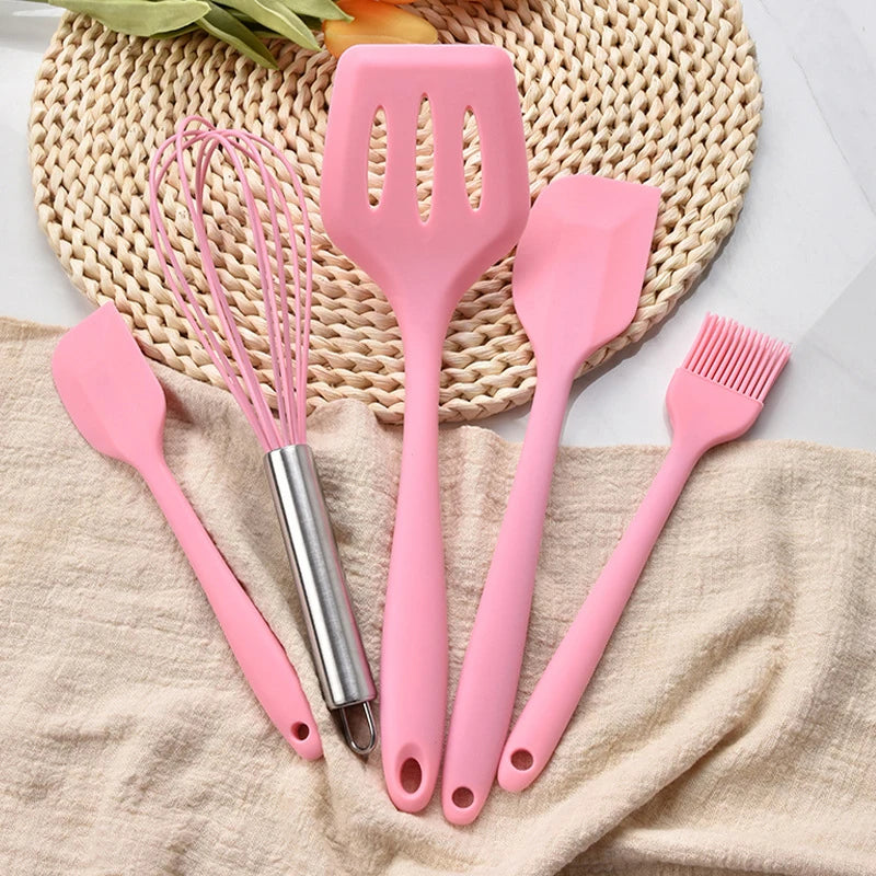Tejesa 5Pcs Heat-Resistant Cooking Utensils Set Non-Stick Silicone Spatula Whisk Oil Brush Turner Cream Scraper Baking Set Kitchen Tool