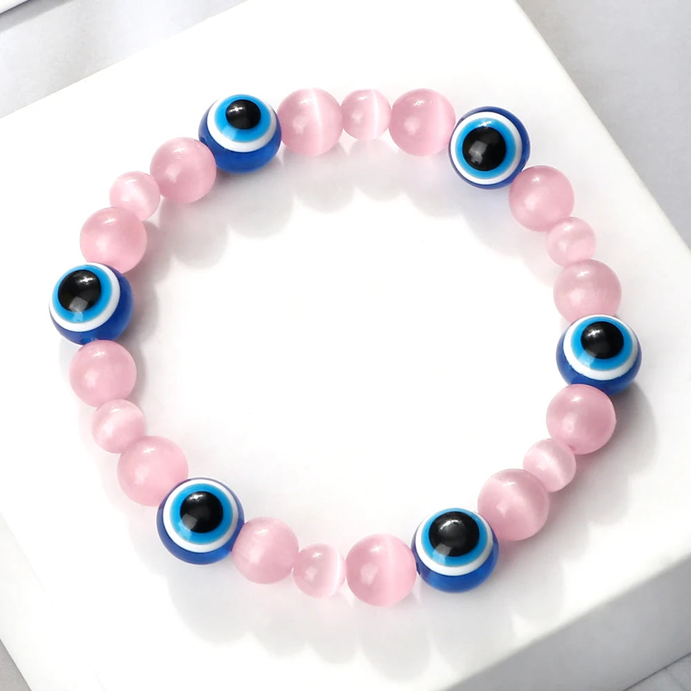 Blue Evil Eye Beaded Bracelets Natural Cat Eye Stone 6 8mm Opal Men Bangles Adjustable Women Bracelet Lucky Yoga Jewelry Gifts