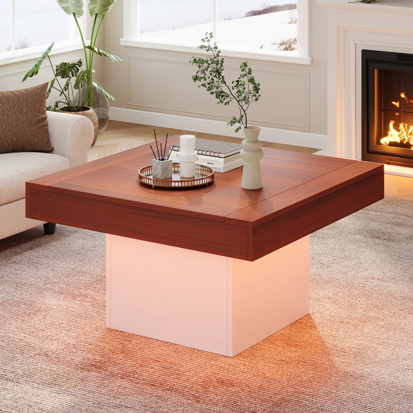 70W *70D*40H cm Coffee Table - Square Wooden Center Table, LED Lights, APP Control, Easy to Clean