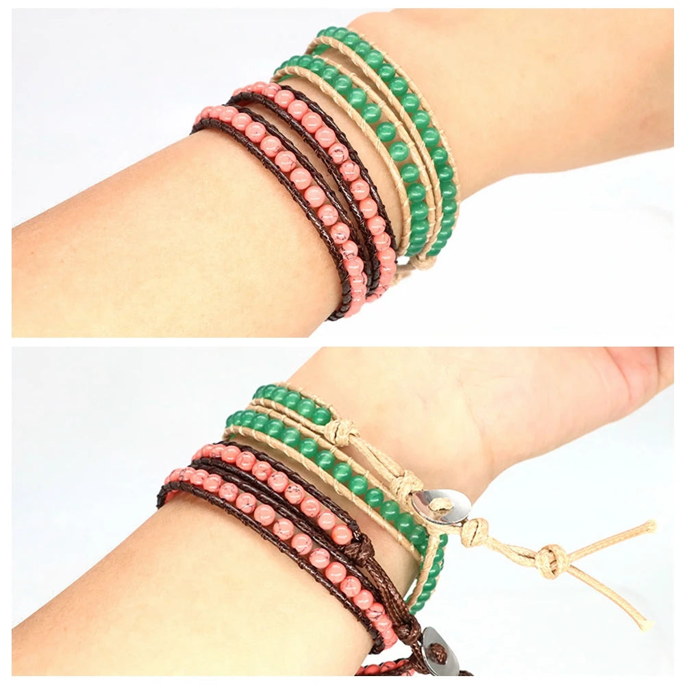 Green Turquoises Beads Bohemian Bracelets Crystal Gems for Women Men 2 Strands Multilayer Wrap Handmade Braided Charming Jewelry