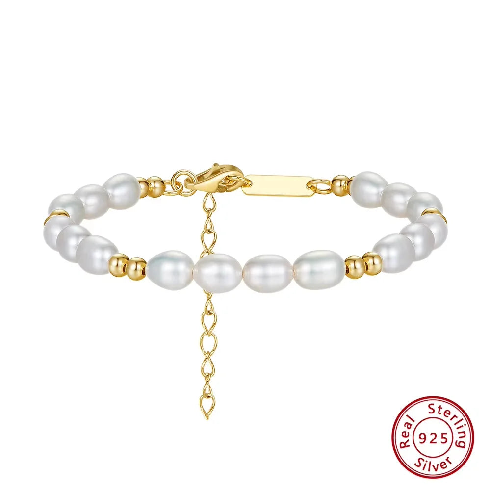 ORSA JEWELS Elegant 14K Gold Beads Bracelet 925 Sterling Silver Freshwater Pearl Chain Bracelets for Women Party Jewelry GPB36