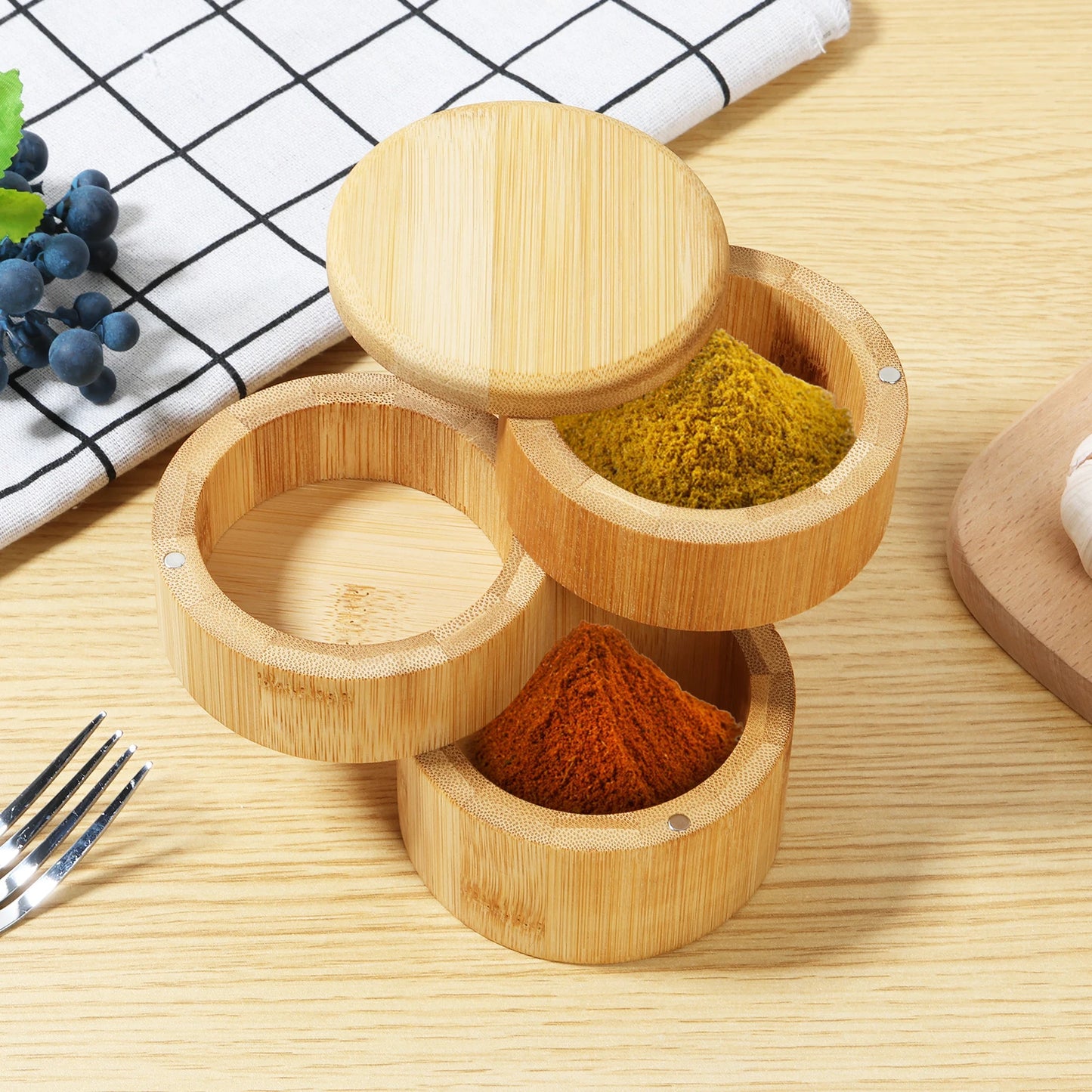 Tejesa 3Tier Salt Box Spice Jar Kitchen Seasoning Jar Bamboo Pepper Container Jar with Magnetic Lid Candy Earring Jewelry Salt Storage