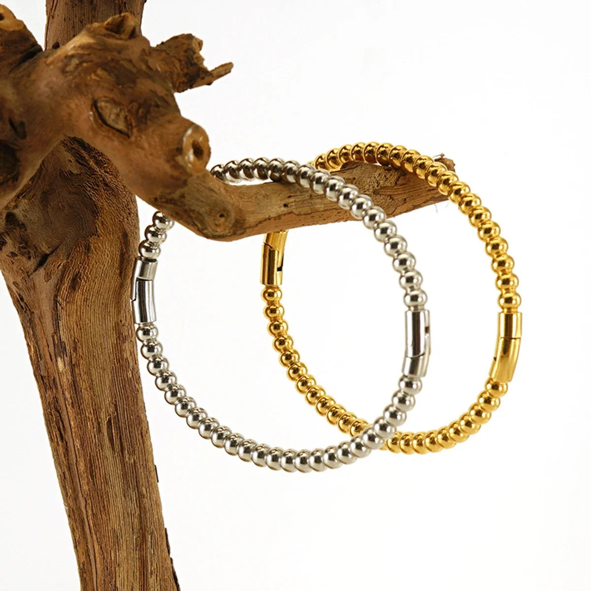 Hemasa  Gold and Silver Round Ball Beaded Bracelets Bangles / Stainless Steel Twist Balls Dots Bead Bangle for Women Jewelry