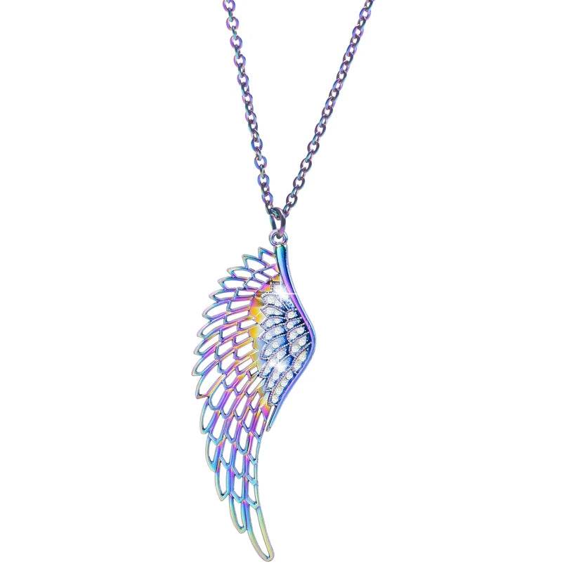1Pcs Rainbow Charms Large Wings With Rhinestone Necklace for Women/Men Collar Alloy Pendant Steel Chains Jewelry Cothic Charms