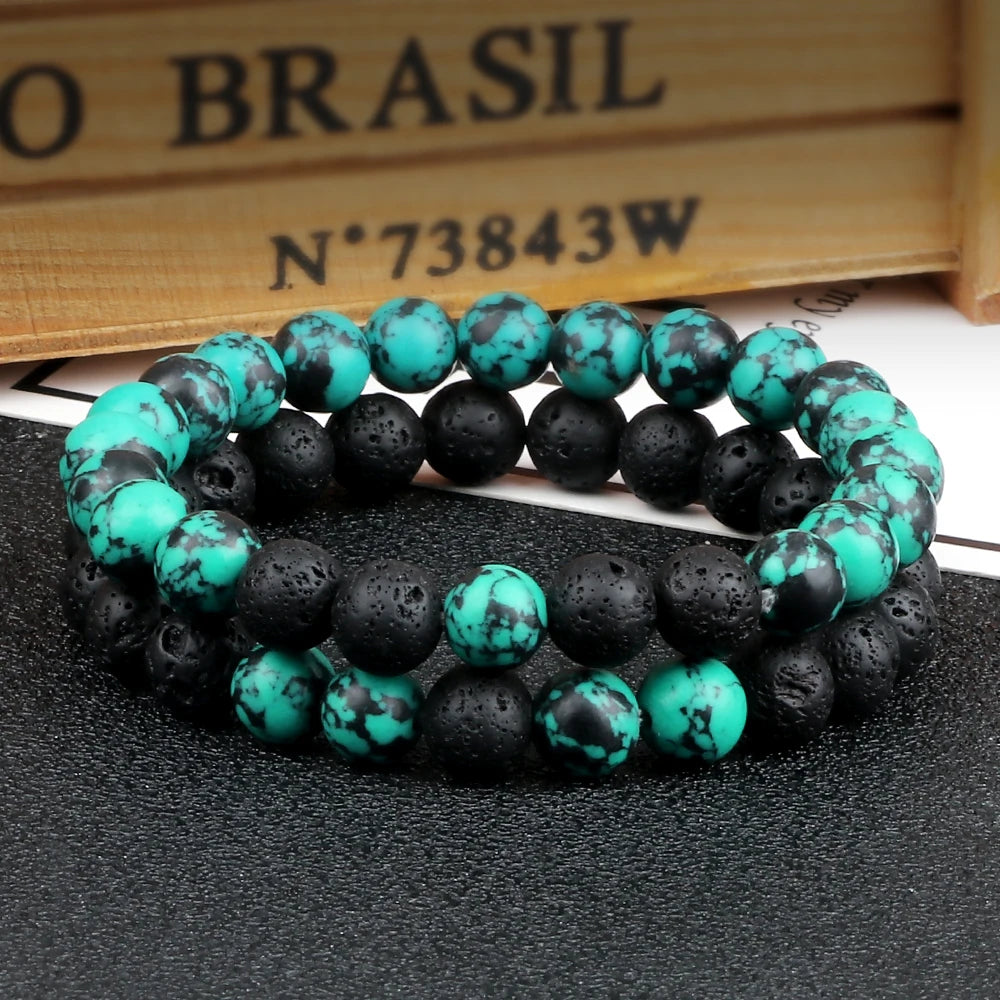 Hemasa 2pcs Couple Distance Lava Rock Beaded Bracelet Natural Stone Malachite Hematite Strand Bracelet Yoga Bangles Lover Wrist Jewelry