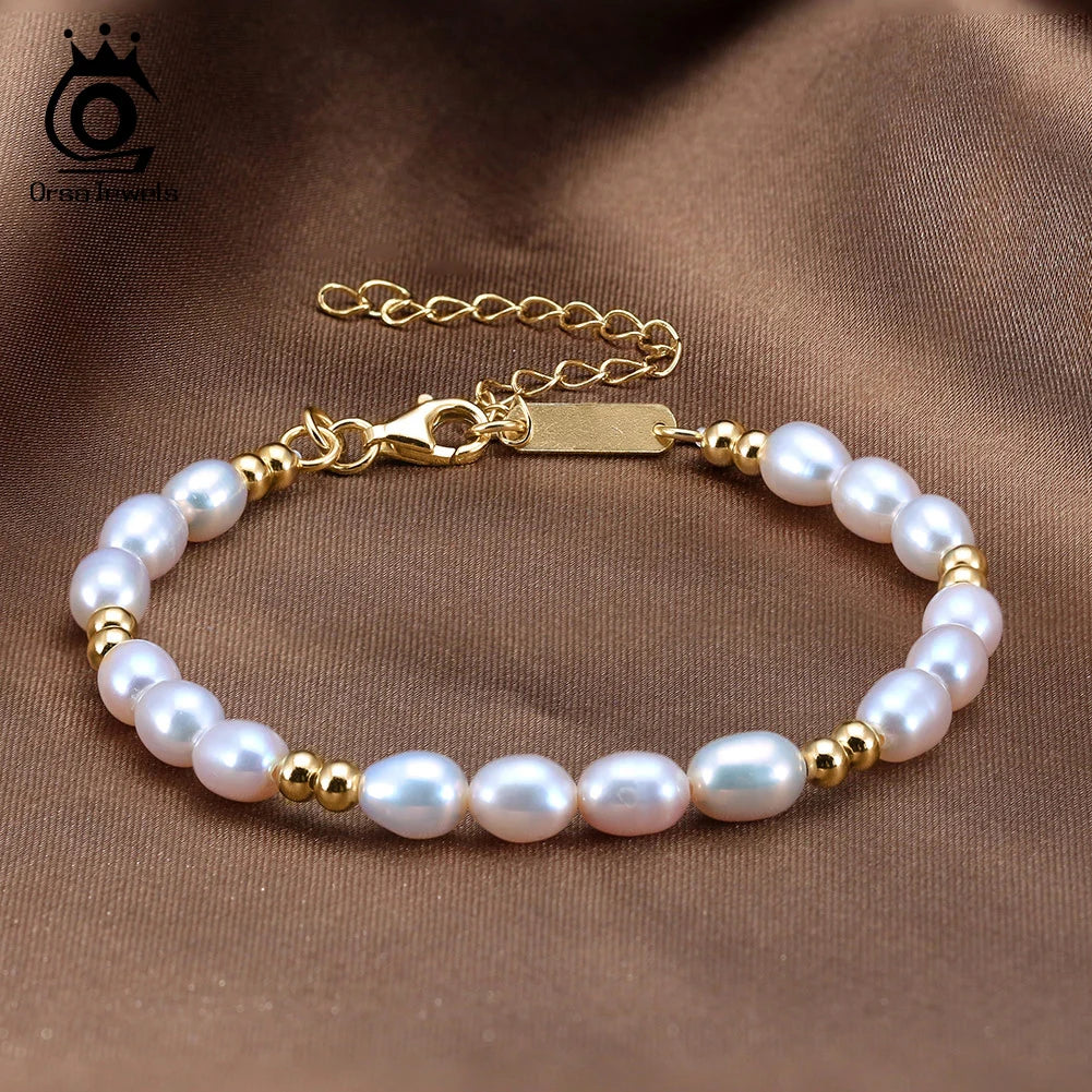 ORSA JEWELS Elegant 14K Gold Beads Bracelet 925 Sterling Silver Freshwater Pearl Chain Bracelets for Women Party Jewelry GPB36