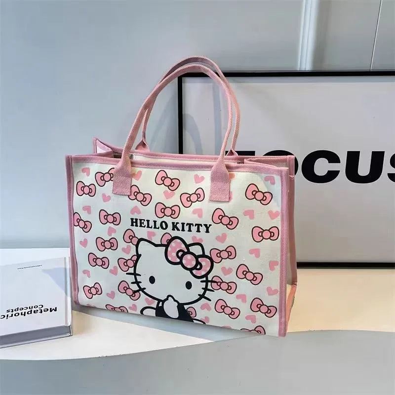 Hemasa Hello Kitty Canvas Bag  Tote Bag Shoulder Storage makeup  Pouch Anime Handbag Travel Shopping Bag Kid Schoolbag Girl Gift