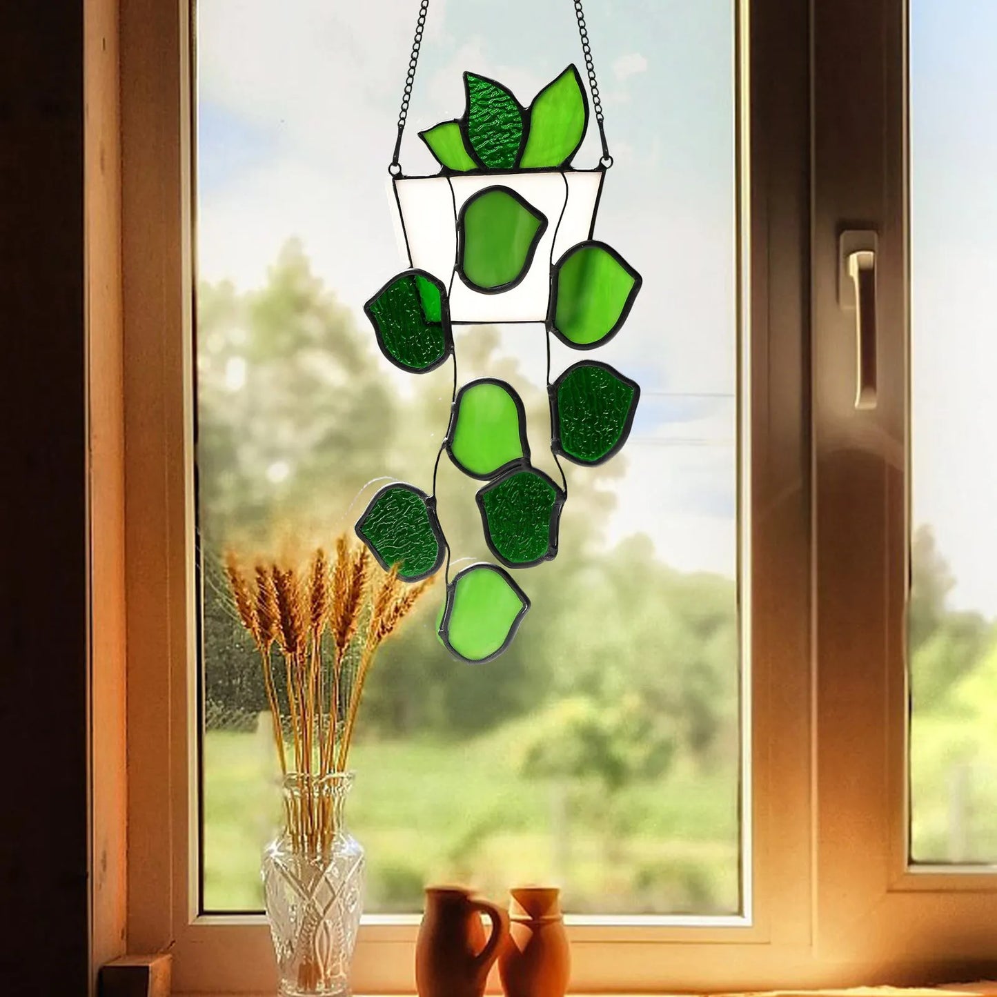 Artisanal Pothos Stained Glass Window Hangings Suncatcher For Window Exquisite Decorations Gifts Crystal Garland Beads