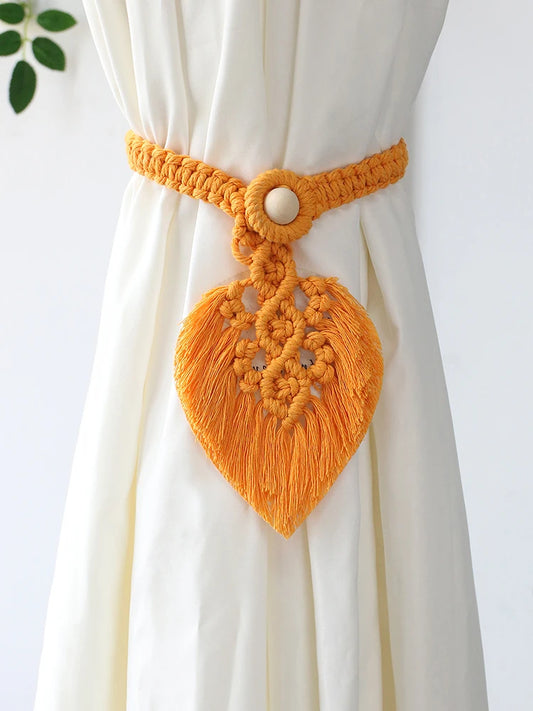 Yellow Hand Woven Macrame Curtain Tiebacks Decorative Curtain with Bead Kawaii Boho Room Decor Home Living Room Decoration Gift