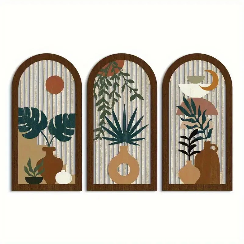 Hemasa 3pcs Wooden Wall Art Boho Modern Decor Hollow Crafted with Vases Plants & Banana Leaves for Home Office